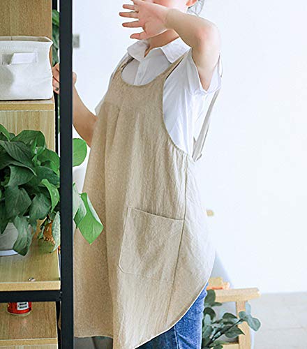 Losofar Soft Cotton Linen Apron Cross Back X-Shaped Japanese Style Pinafore Dress For Cooking, Housewarming, Daily Chores (Khaki, (28.3"X 35.4")) #TOP2