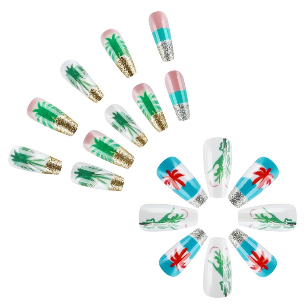 24 Pcs Glittering Full Covers False Nails Long Ballerinas Coconuts Tree Stick on Nails Acrylic Nails