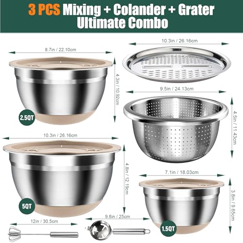 Stainless Steel Mixing Bowls Set with Lids & Silicone Base - 7-Piece Kitchen Gadgets Includes Colander, Grater, Egg Separator, Whisk - Nesting Bowls (1.5, 2, 2.5, 4.5 QT), Dishwasher Safe, Khaki — view 6