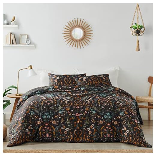 Sweet Jojo Designs Boho Bohemian Farmhouse Black and Orange Wildflower Garden Floral Duvet Comforter Cover and Sham 3 pc. Full Queen Size Bed Bedding Set Bedroom Botanical Cottagecore Flower Vintage