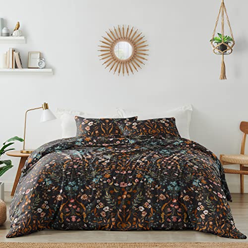 Image of Boho Bohemian Farmhouse Black and Orange Wildflower Garden Floral Duvet Comforter Cover and Sham 3 pc. Full Queen Size Bed Bedding Set Bedroom Aesthetic Botanical Cottagecore Flower Print Vintage