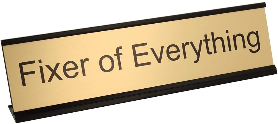 ExcelMark Fixer of Everything Desk Plate – 2” x 8” Novelty Name Plate – Gold Name Plate with Black Desk Holder