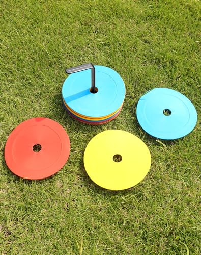 QWORK® 24er Set Markierungsscheiben 15cm mit Organizerhalter, Spielfeldmarkierung Bodenmarkierung Trainingszubehör für Fußball, Basketball, Handball und mehr - Orange Gelb Blau