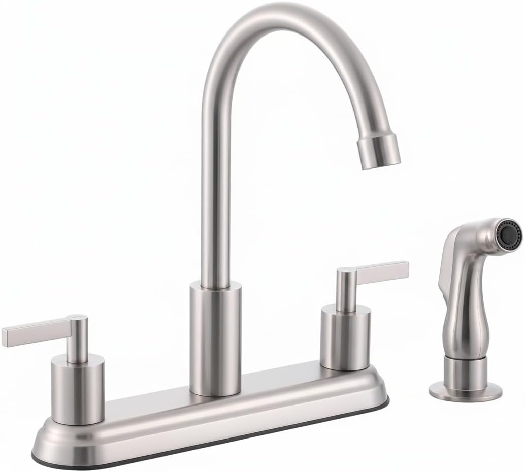 IKEBANA 3 or 4 Hole 2 Handle Kitchen Faucet Brushed Nickel, 4 Hole Kitchen Sink Faucet with Side Sprayer, Lead-Free 360 Swivel Stainless Steel Kitchen Faucet for RV Kitchen Sink