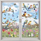 Fensterbilder Frühling, 9 Blatt Fenstersticker Selbstklebend Vögel Blumen Schmetterling, Fensterdeko Frühling Fensterfolie Kinderzimmer Wiederverwendbar, Frühlingsdeko Fenster
