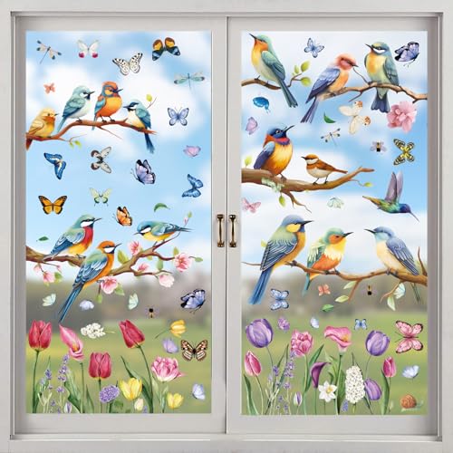 Fensterbilder Frühling, 9 Blatt Fenstersticker Selbstklebend Vögel Blumen Schmetterling, Fensterdeko Frühling Fensterfolie Kinderzimmer Wiederverwendbar, Frühlingsdeko Fenster