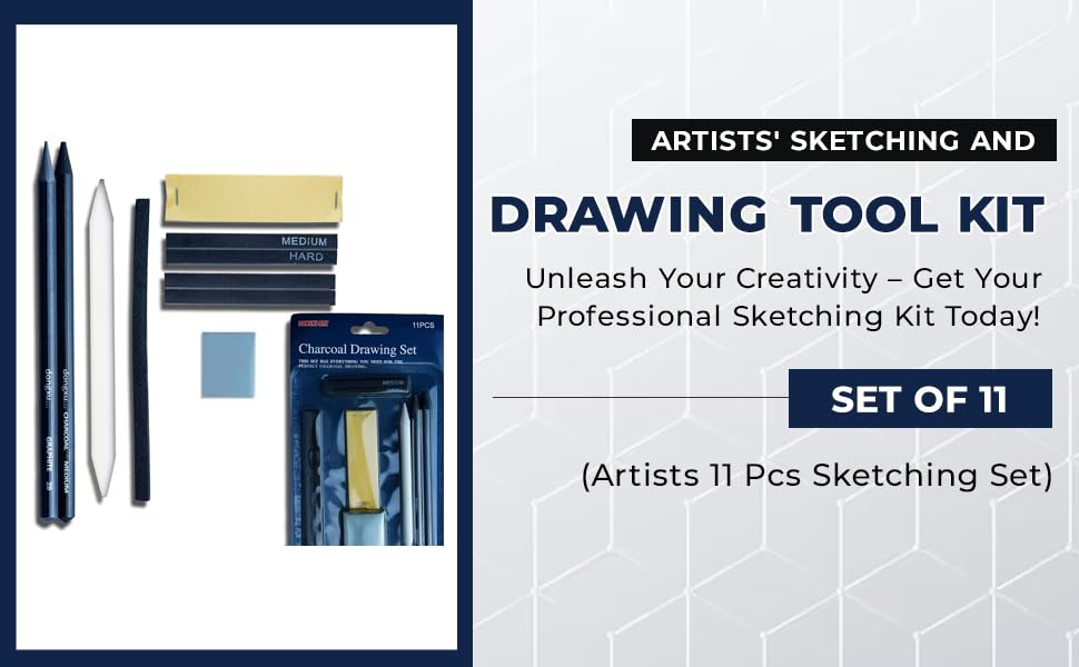 Artists Sketching Kit 11 Pcs Drawing Set with 2 Graphite Pencils, 2 Compressed Charcoal, 2 Graphite Sticks, 2 Charcoal Sticks, Blending Stump, Kneaded Eraser & Sandpaper Block product image 2