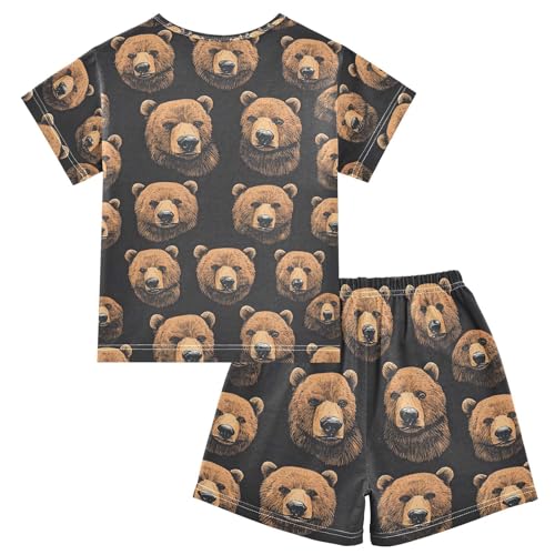 ALAZA Brown Bear Black Pajamas Set Short Sleeve Cotton Sleepwear Summer Pjs 2 Piece 5-14Y2