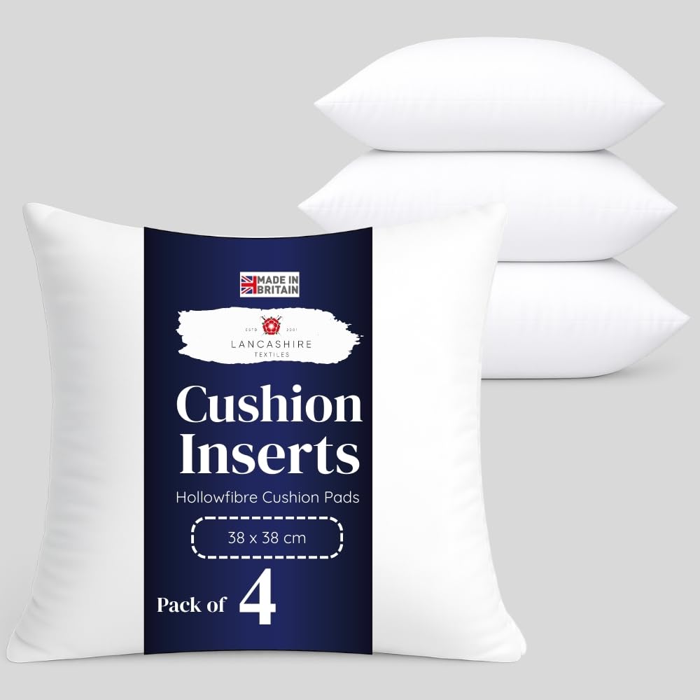 Lancashire Textiles Pack Of 4 4 Pack 15" X 15” (38 X 38Cm) Quality Microfibre Super Bounce Fibre Cushion Pads Made In Britain With Cotton Blend Casing & Our Luxury Hollowfibre Filling