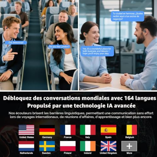 QXUFV AI Écouteur Traducteur Instantané 164 Langues, Écouteur Open-Ear Smart Ambiant, 9 Modes de Traduction, IPX7 Étanche, 60H Autonomie, 4 en 1 Écouteur Traducteur, Musique/Appels/Traduction/Sport – vue 5