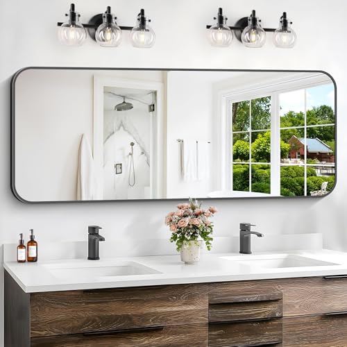 CIVENO Bathroom Mirror, 60 x 24 inch Metal Framed Black Rectangle Mirror, Rounded Corner Rectangular Vanity Mirror, Large Wall Mounted Mirror for Modern Bedroom Living Room Horizontal or Vertical