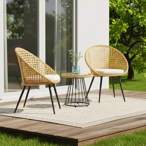Image of DEVOKO Furniture 3-Piece Indoor Outdoor Bistro Set -Finish with Rattan & Wicker Chairs and Glass Top Center Table (Beige & Off-White)