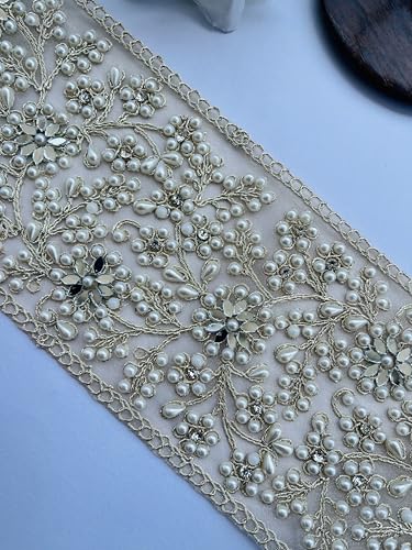Ribete de encaje Zari dorado premium hecho a mano con perlas y espejos, 4" 7