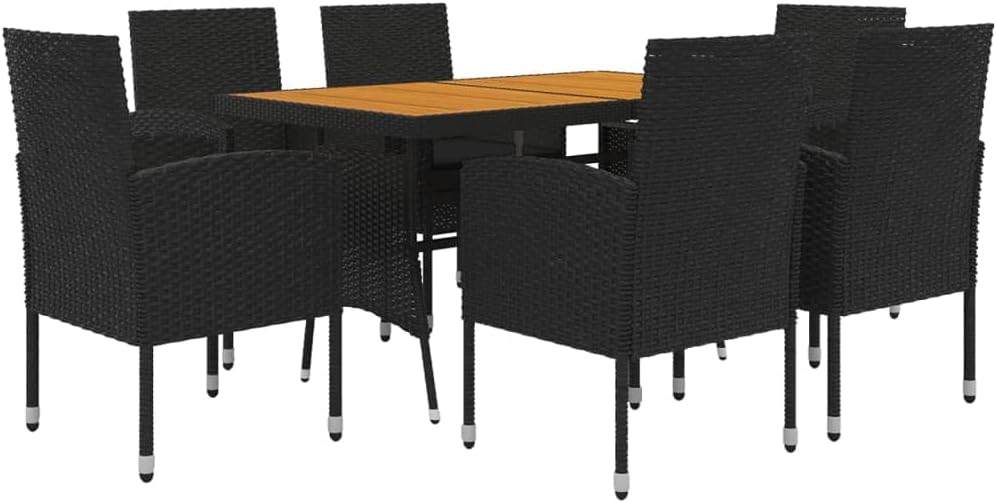 vidaXL Black Poly Rattan 7 Piece Patio Dining Set with Comfortable Cushioned Chairs and Solid Acacia Wood Table – Outdoor Furniture
