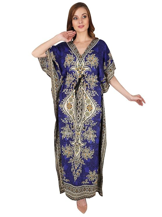 ukal Women's V-Neck Floral Print Kaftan Maxi Dress Beach Ladies Sleepwear Night Gown Nighty Night Wear with Drawstring-picture-30