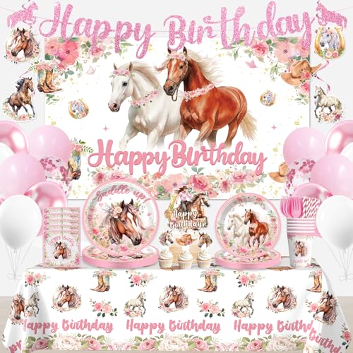214Pcs Cowgirl Birthday Party Decorations Serve 25 Horse Party Supplies Includes Backdrop Plates Napkins Cups Banner Hanging Swirl Tablecloth Cake Topper for Girl Birthday Decorations