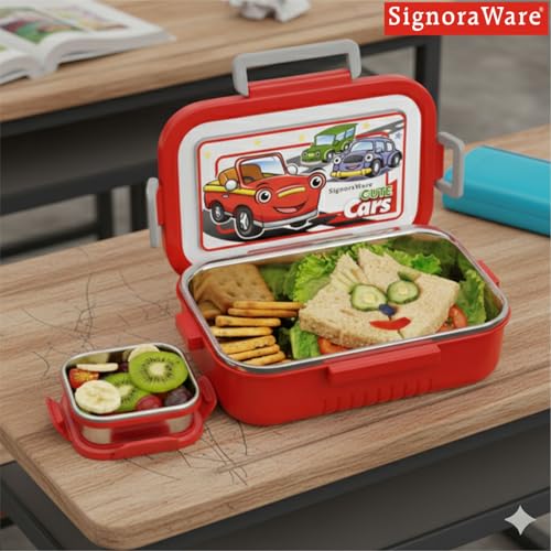 Image of SignoraWare Buster Stainless Steel Lunch Box | Airtight & Leakproof | Durable & Odorless | Ideal for Office, School & Travel Use | Easy to Clean & Carry (850ml + 130ml | Red)