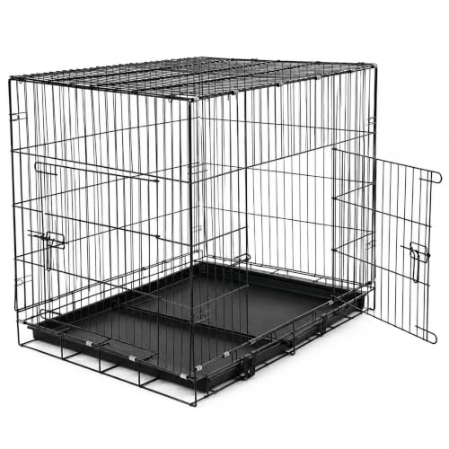 Image of PETJOY Foldable Metal Wire Dog Cage /Crate /Carrier with Tray | for Large and XL Adult Dogs | 42 Inch | Black | Single Door | Removable Base | Manual Locking Mechanism