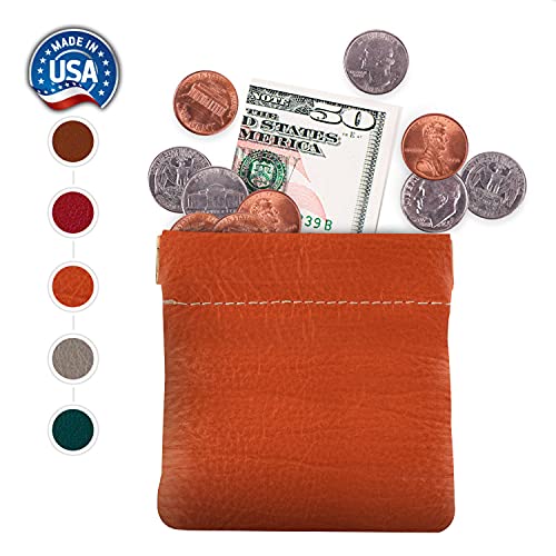 Image of Nabob Leather Genuine Leather Squeeze Coin Purse, Coin Pouch Made IN U.S.A. Change Holder For Men /Woman Size 3.5 X 3.5 (Orange)
