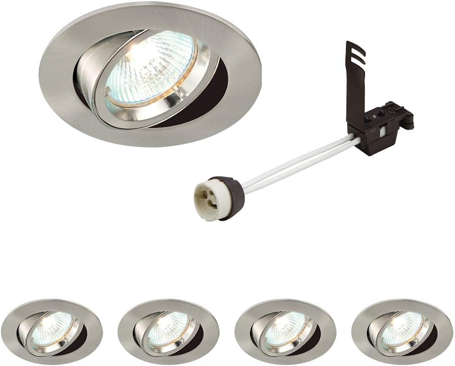 National Lighting Recessed Lighting - Mains Powered LED Spot Lights Downlights for Ceiling - IP20 Rated GU10 Fitting for Halogen or LED - Satin Nickel Finish, Adjustable Tilt Version – Pack of 4