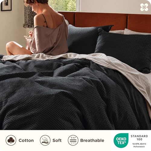 Image of Bedsure Cotton Duvet Cover Set - 100% Cotton Waffle Weave Black Duvet Cover Oversized King Size, PureWoven Breathable Bedding Set for All Season, 3 Pieces, 120 inchx98 inch