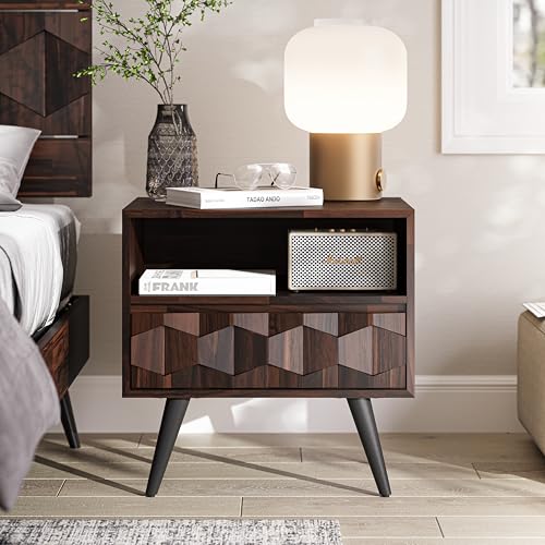 Image of Bme Georgina Solid Wood Nightstand With 1 Drawer & Open Shelf- Fully Assembled Mid Century Modern Side Table - Geometric Pattern Bedside Dresser for Bedroom and Living Room