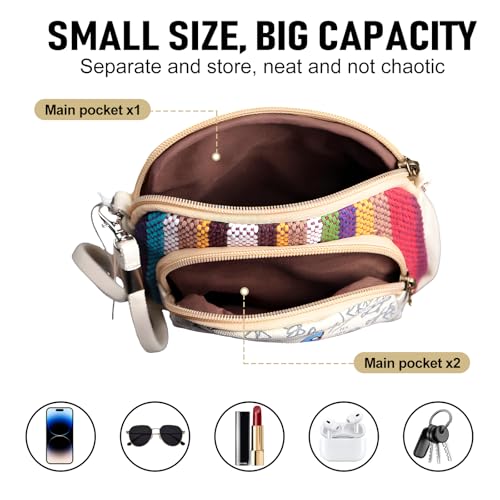 Ethnic Canvas Crossbody Phone Bag, Multi-Color Striped Pattern, Cream White with Art Print, 5 * 6 * 2inch, Compartments, Adjustable Shoulder Strap3