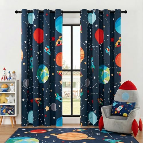 BOHOMOCASA Kids Space Themed Blackout Curtains - 100% Blackout Perfect for Kids Room, Spark Kids Imagination with Vibrant Cosmos Designs, Noise Reduction, Thermal Insulated, (2 Panels W52×L84)