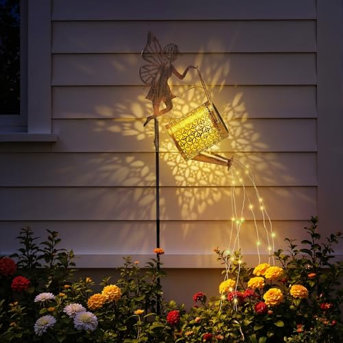 Warmiehomy Solar Lights Outdoor Garden Ornaments Waterproof Dual Mode Fairy Watering Can Solar Lights with Warm LED String Retro Metal Stake Lights for Garden Lawn Pathway Lantern Plant Decoration