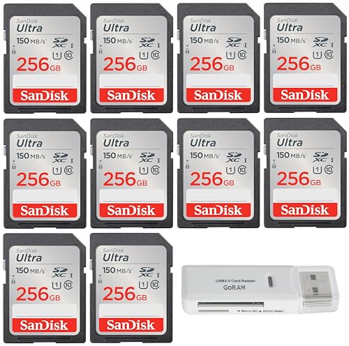 SanDisk 256GB (10 Pack) Ultra SDXC UHS-I Class 10 Memory Card 150MB/s U1, Full HD, SD Camera Card SDSDUNC-256G-GN6IN (10 Pack) Bundle with (1) GoRAM USB 3.0 Card Reader (256GB)