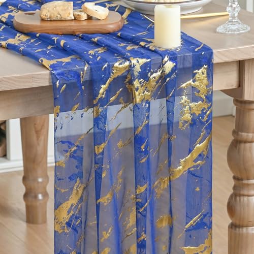 Artoid Mode Marble Pattern Dark Blue Gauze Table Runner 10FT, Glitter Metallic Foil Sheer Dining Wedding Anniversary Birthday Table Decor for Home Party