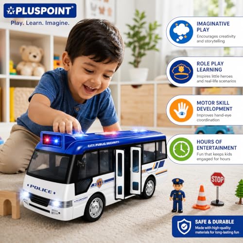 Image of PLUSPOINT Police Bus for Kids Friction Toy with Lights Sounds Push and Go Rescue with Door Open Simulation Toy Vehicle for Kids SWAT Bus Pretend Play Cop Toy for Boy Girl Toddlers