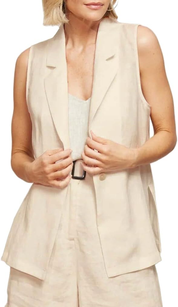 IDEALSANXUN Linen Vest Women Spring Summer Sleeveless Blazer Jackets Casual Lightweight Cardigan Vest Top Waistcoat