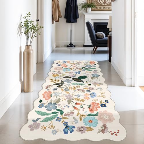 Washable 3x6 Hallway Runner Rug: Floral Scalloped Soft Runners for Entryway Kitchen Nursery Non Slip Bathroom Laundry Floor Mat Water Resistant Light Weight Carpet for Living Room Bedroom (3x6,Cream)