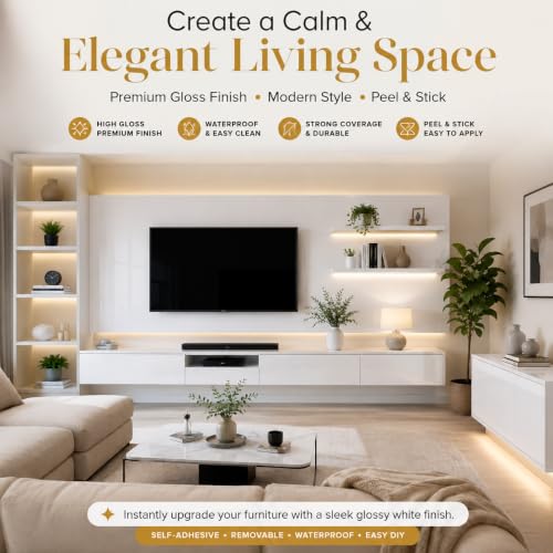 Image of HOME13 White Contact Paper Glossy Peel and Stick Wallpaper for Countertops White Wall Paper Self Adhesive Removable Waterproof for Kitchen Cabinet Decorative Vinyl Paper(20x80 Inch)