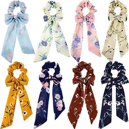 8 Piece Chiffon Hair Scrunchies Chiffon Scarf Hair Scrunchies with Printed Pattern Hair Scarf Elastics Hair Bands Scrunchies Ponytail Holder Accessories for Women Girls