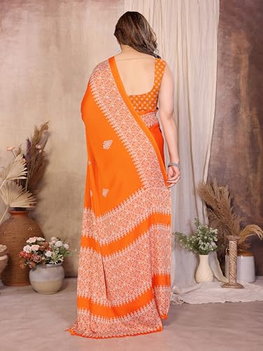 Image of Amazon Brand - Tavasya Womens Blocked Printed Daily Wear Chiffon Georgette Saree With Blouse With Blouse