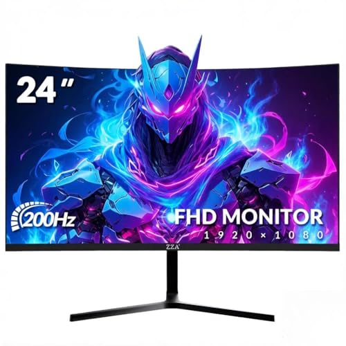 ZZA 24 Inch 200hz/180hz Curved Gaming Monitor, FHD 1080P Frameless Computer Screen, AMD FreeSync, Low Motion Blur, Eye Care for Home Office & PS5, DisplayPort & HDMI, VESA Mount - Black