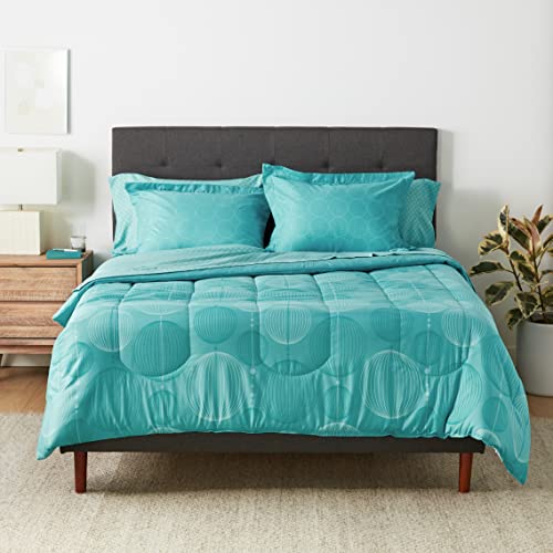 Image of Amazon Basics Full /Queen Comforter Set with Geometric Sheets, 7-Piece Industrial Teal Bedding, Lightweight Microfiber Bed-in-a-Bag