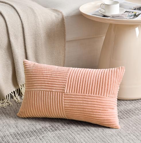 Image of Fancy Homi 2 Packs Peach Long Lumbar Decorative Throw Pillow Covers 12x24 Inch for Couch Bed Sofa, Rustic Farmhouse Boho Home Decor, Soft Striped Corduroy Rectangle Accent Cushion Case 30x60 cm
