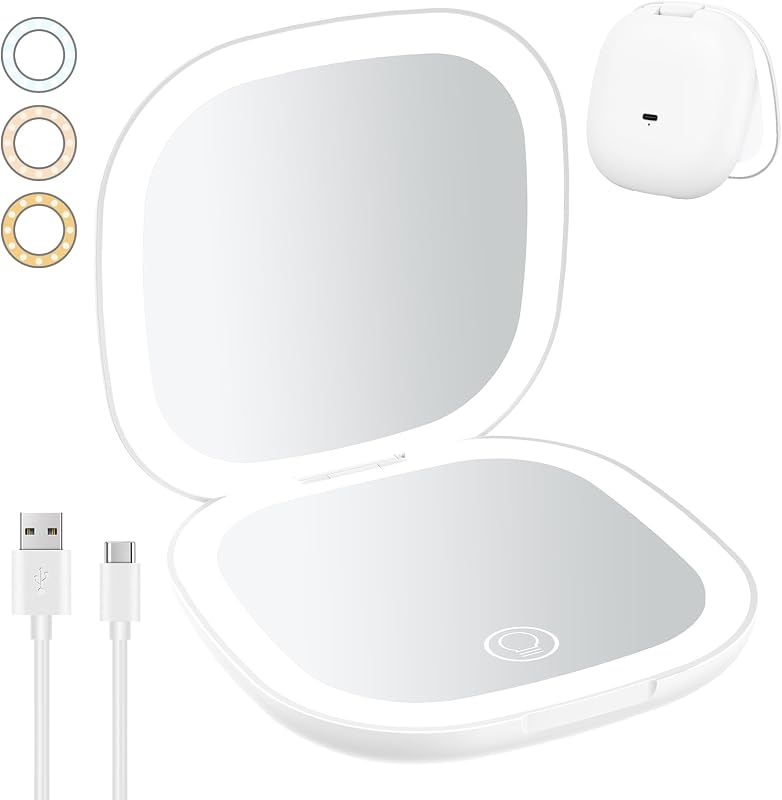 Espelho compacto com luz Benbilry, 1X/10X, 3 cores, branco