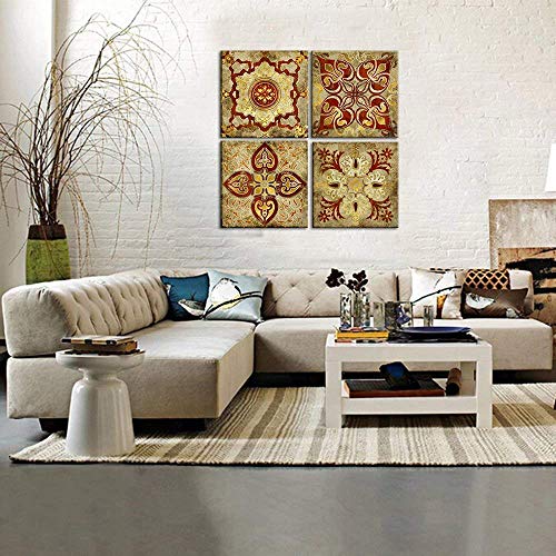 Vintage Flowers Pattern Canvas Wall Art For Bedroom Mandala Wall Art Retro Moroccan Wall Decor Painting Canvas India Wall Art Gold Moroccan Wall Art For Living Room Bathroom Kitchen Decor(12"X12"X4) #TOP2