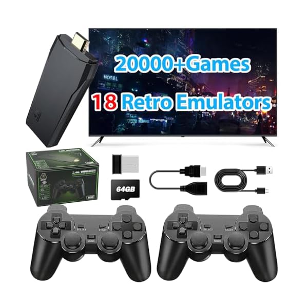 Wireless Retro Game Console Stick Built-in 20000+ Classic Games, 4K HDMI Output Nostalgia Plug & Play Retro Video Gaming Stick with 18 Emulators and Dual 2.4G Wireless Controller（64GB Memory Card）