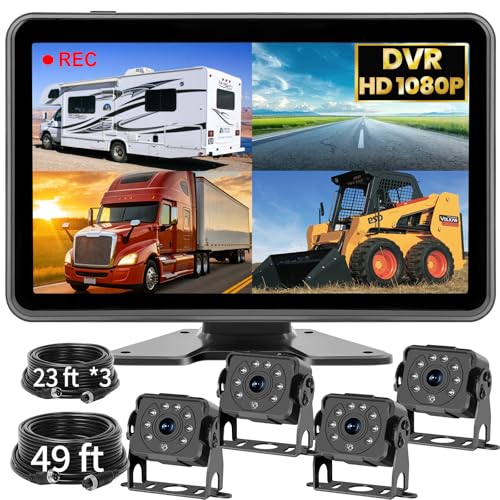 4 Wired Backup Camera System, 10.1" HD 1080P Touch DVR Quad Split IPS Monitor & 4 Side&Rear Camera, IP69K Waterproof IR Night Vision Vibration-Proof for Truck/RV/Trailer/Bus/Tractor/Heavy Equipment
