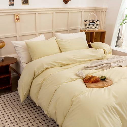 Image of ECOCOTT Duvet Cover King Size, 100% Washed Cotton Linen-Like Soft & Breathable, Durable Comfy Bedding Set for All Seasons Light Yellow