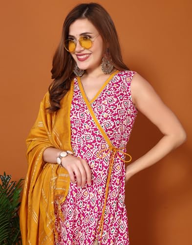 Image of SKYLEE Women's Printed & Gota Lace Cotton Silk Anarkali Kurta Set with Dupatta