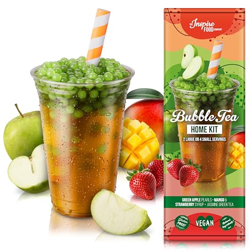 INSPIRE FOOD Bubble Tea Kit Completo - Boba Mela Verde, Sciroppo Fragola e Mango, 4 Cannucce + 2 Bustine Tè Gelsomino. 100% Vegano, Senza Glutine, Senza Coloranti Artificiali