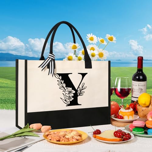 Image of Tecanne Personalized Initial Canvas Tote Bag, Suitable for Birthday, Wedding, Beach, Holiday, Gifts for Women, Mom, Teachers, Nurses, Best Friends, Bridesmaids (Y)