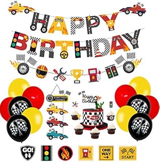 JOPARY Race Car Birthday Decorations for Kids Boys Let's go Racing Party Supplies With Banner, Welcome Hanger, Car Party Signs, Cake Topper and Checkered Balloons
