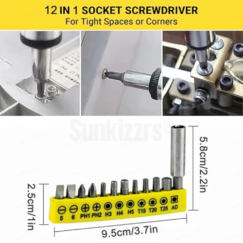 Image of Sunkizzrs 23-Pcs Ratchet Wrench Screwdriver Bit Set with Magnetizer | 1 /4 inch(6.35mm) Drive Hex Socket Set (5mm-13mm) -12 in 1 Screwdriver Bit Set with 1 /4 inch Extension Bit Holder